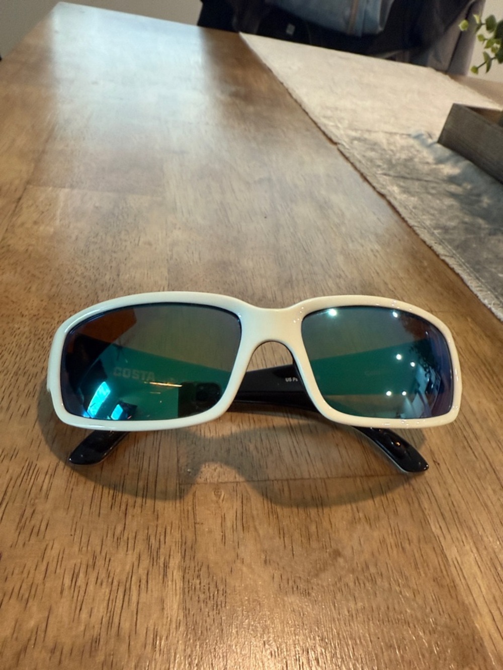 Costa White Frame Sunglasses with Green-Blue Mirrored Lenses